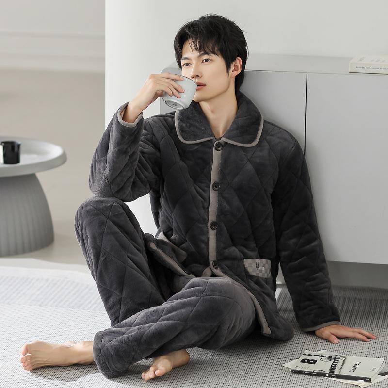 Pajamas Men'S Winter Coral Fleece Three-Layer Padded Cotton Thickened Fleece Thermal Zipper Winter Loungewear Thermal Suit