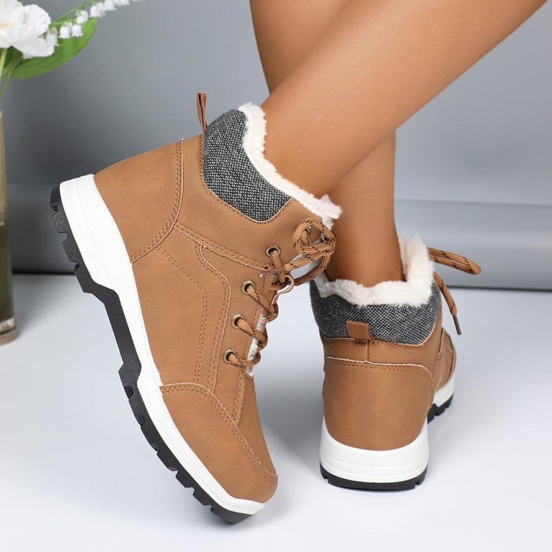 Modische verdickte Plüsch-Knöchelstiefel für Damen Winterstil Outdoor Schnür-PU-Leder Warme Baumwollstiefel Wasserdichte und rutschfeste Stiefel