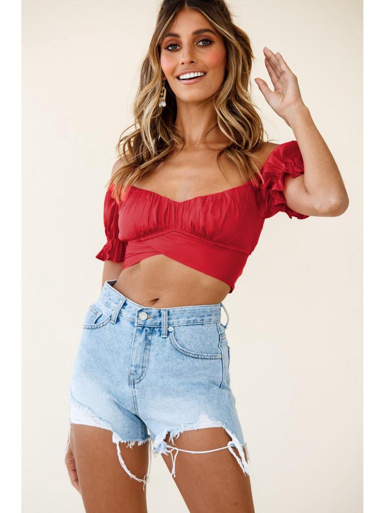 2024 Sexy Off-the-Shoulder Ruffle Tie-Back Top for Women In European and American Styles