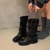 Fashion Comemore New Round Toe Belt Buckle Women Boots Fashionable Thick Sole Mid Calf Botas Autumn Black Patent Leather Women Shoes