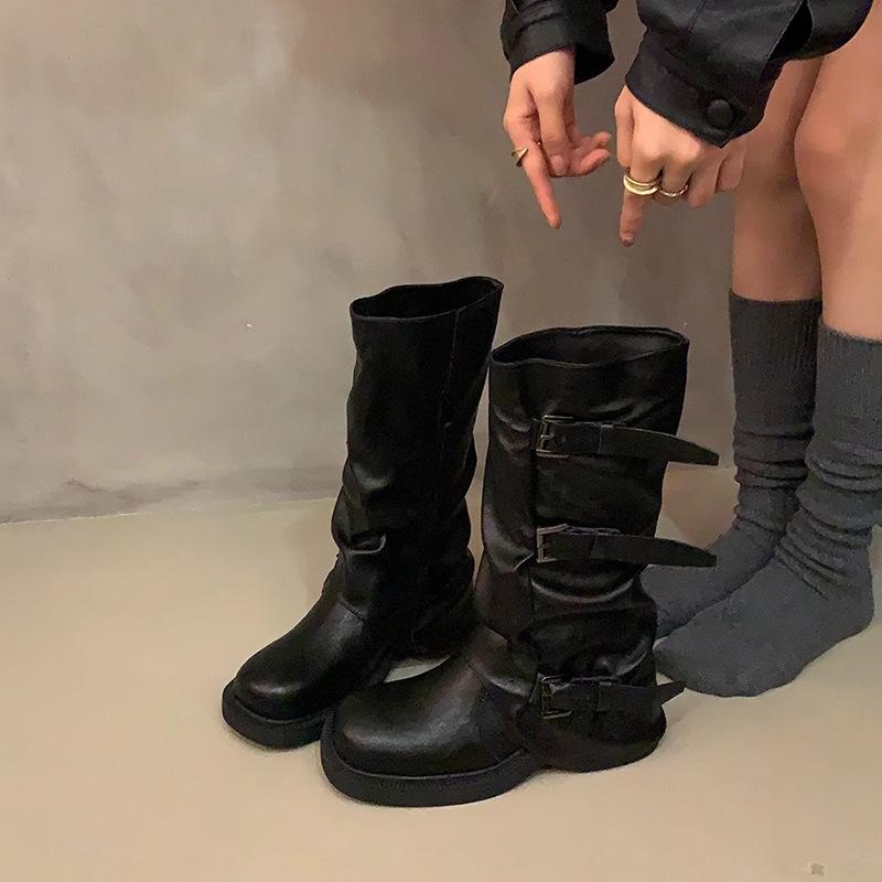 Fashion Comemore New Round Toe Belt Buckle Women Boots Fashionable Thick Sole Mid Calf Botas Autumn Black Patent Leather Women Shoes