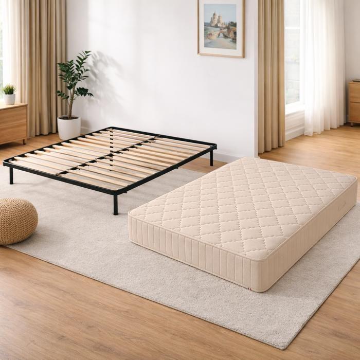 Fireproof Fabric Mattress 120x200 + Disassembled Bed Base + Free Feet - Height 25 Cm - Firm Comfort - Extremely Durable Polished Foam