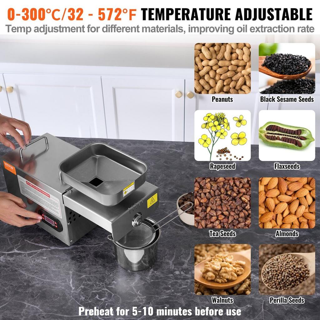 Electric Oil Press Machine, 850W Stainless Steel Oil Extractor Machine, 0-300℃ / 32 - 572 ℉ Adjustable Temperature, Hot Press Oil Expeller for