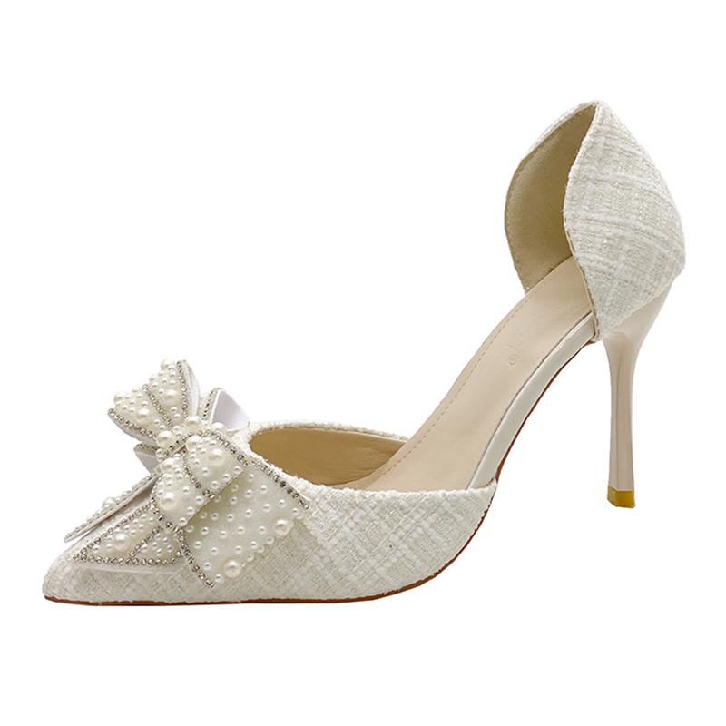 

Элегантные свадебные туфли невесты с жемчужным бантом, женские сексуальные туфли с острым носком на шпильках, женские туфли-лодочки с блестящими кристаллами для вечеринки 37 бежевый