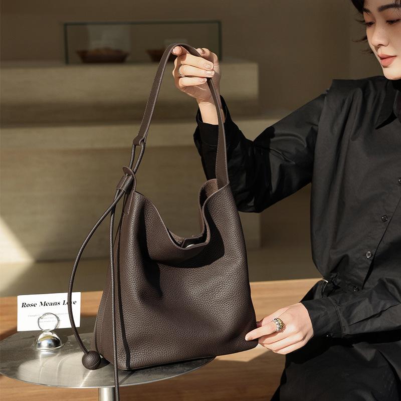 Bucket Bag, Light Luxury Hobo Women's Top Layer Cowhide Tote Bag, Commuting Large Capacity Shoulder Bag, Genuine Leather Women's Bag