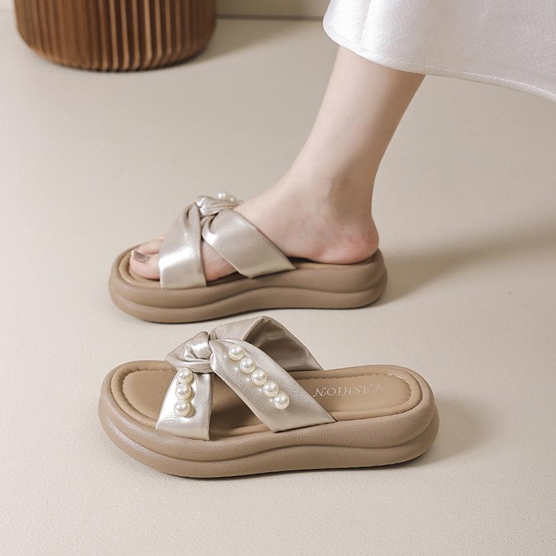Thick bottom cross one-word drag women's summer new fashion comfortable casual pearl with skirt sandals