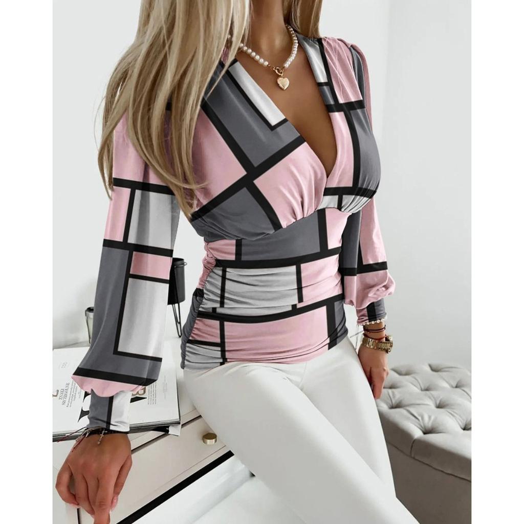 Fashion Sexy Deep V Neck Pullover Shirt Women Elegant Splice Lace Long Sleeve Blouse Female Solid Color Slim Fit Wrap Bust Tops