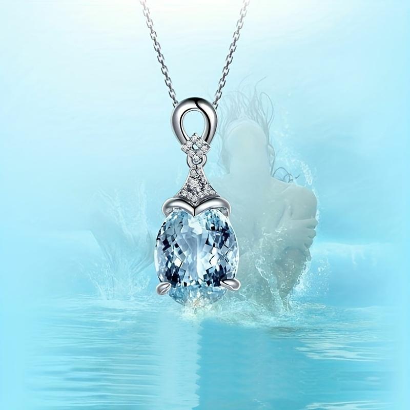 Fashionable Women's Simple and Personalized Sea Blue Zircon Pendant, Versatile Party Creative Necklace