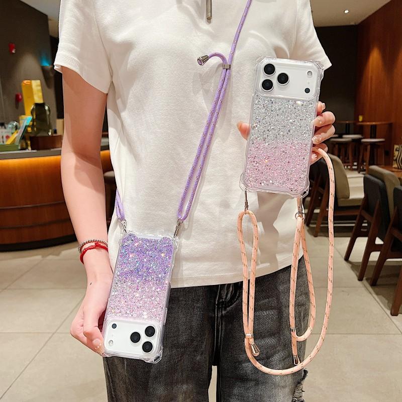 Four Corners Strap Glitter Case For iPhone 17 Pro Max 16 15 11 12 13 14 Plus Air Shockproof Crossbody Lanyard Rope Cord Cover