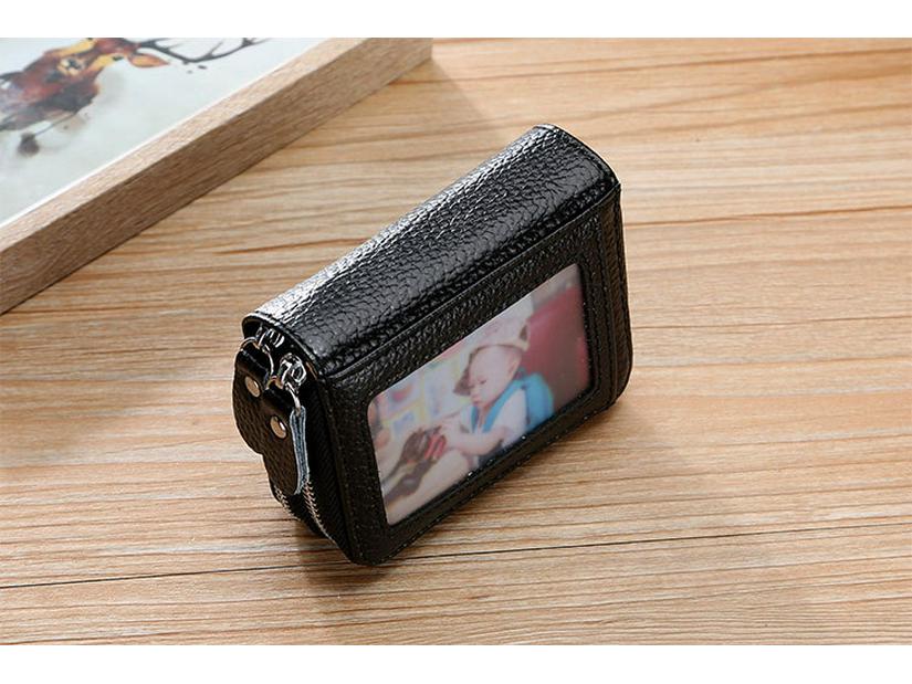 RFID Cowhide Leather Card Holder & Coin Purse with Double Zipper