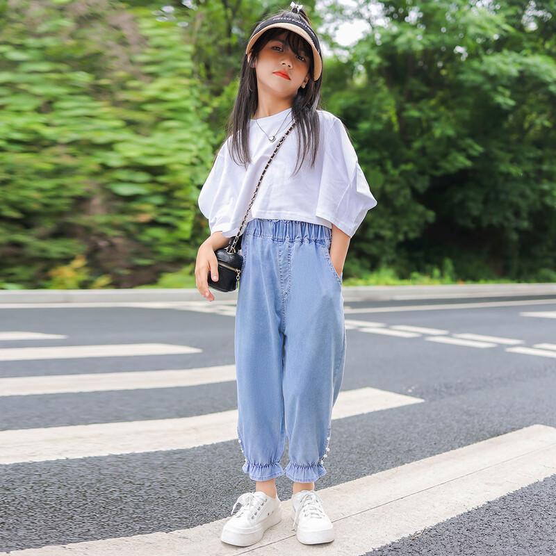 Mumu House Girls' Tencel Denim Summer Cropped Anti-Mosquito Jeans