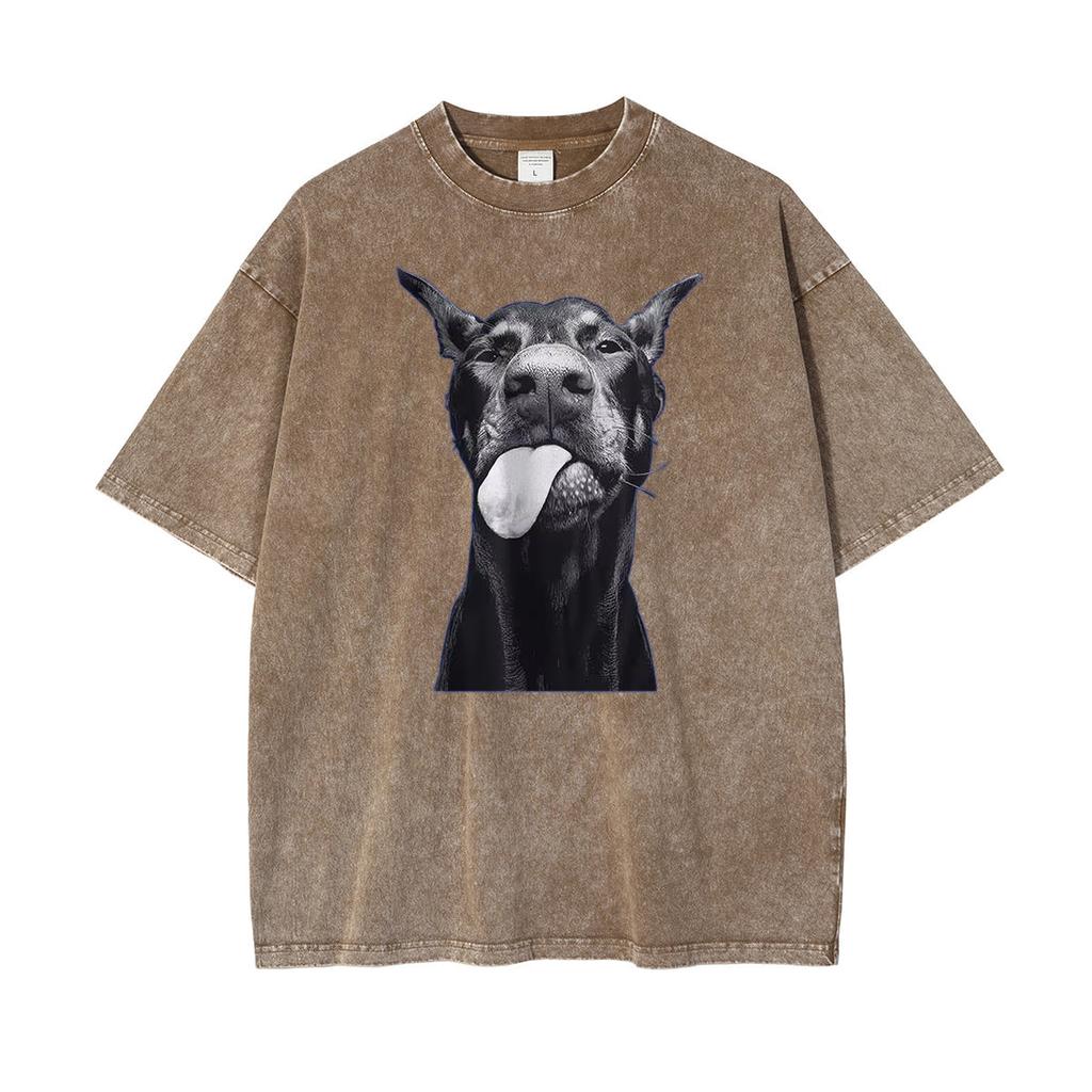 Dobermann Herren Kurzarm-T-Shirts Baumwolle Gewaschene T-Shirts Mode Druck O-Ausschnitt Oberteile Sommer Used Look G Hochwertige Bluse