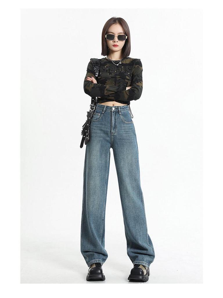 Women's Retro Loose Wide-Leg Jeans - Pear Shape, Long, Mopping Style for Spring & Autumn.