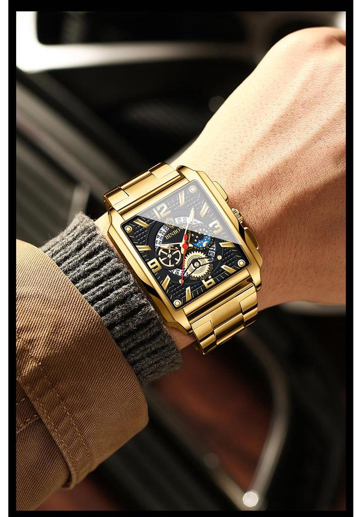 Binbond Men's Retro Multifunctional Waterproof Luminous Square Calendar Watch