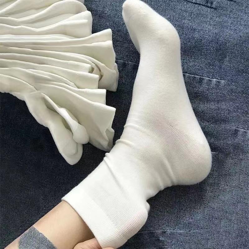 Black And White Socks Women'S Medium Tube Socks Students Solid Color Stacking Socks Japanese Pure Cotton Black Stockings