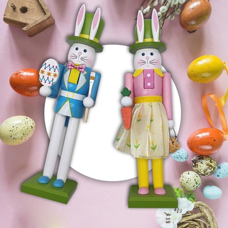 30.8cm Wooden Easters Bunnies Nutcrackers Figurine Ornament Rabbit Soldier Figure for Holiday Decoration Enthusiasts