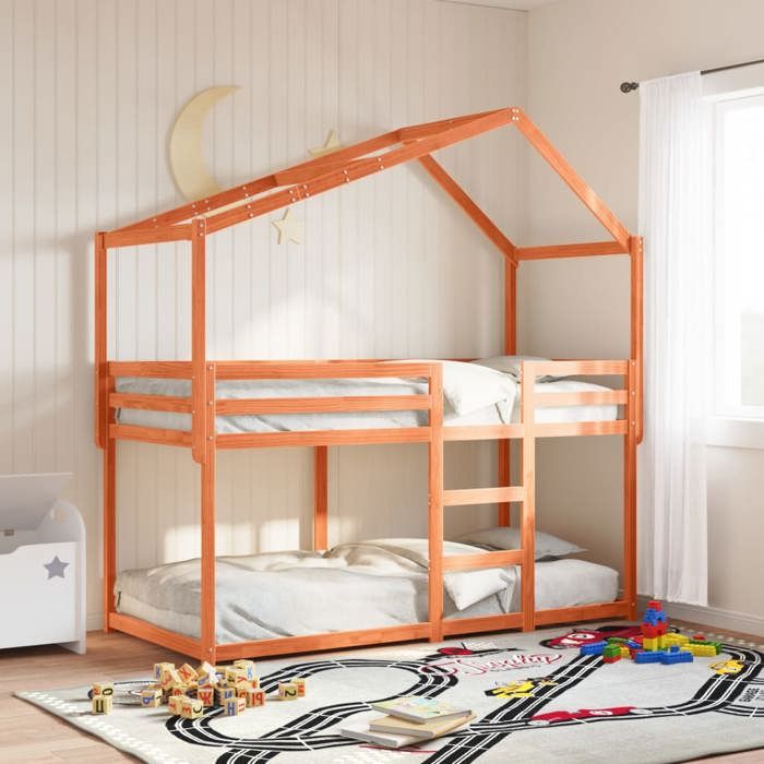 VidaXL Bunk Bed with Roof Wax Brown 75x190cm Solid Pine Wood, Bed, Bed Frame, Loft Bed, Bedroom Furniture, 3282051