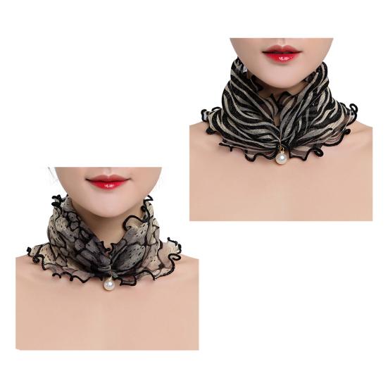 2Pcs Women Faux Silk Scarf Printing Faux Pearl Decor Lace Trim Lightweight Scarf Hand