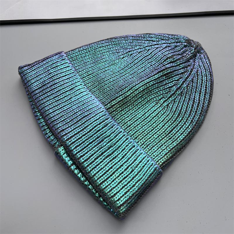 2025 Autumn Winter Metal Colour Coating Holographic Knitted Hat Men Women Harajuku Hip Hop Warm Skull Cap Beanie