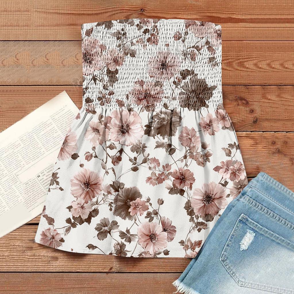 Women's Fashionable And Sexy Backless Elastic Floral Print Strapless Slimming T-shirt Top