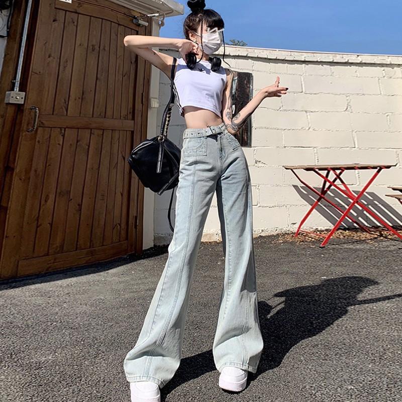 Light blue slightly pulled jeans women's retro high waist loose and thin Spice girl design sense mopping floor straight flared pants