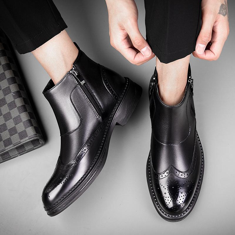 Genuine Leather Chelsea Boots Male Winter Shoes Plush Warm Shoes Fashion Zipper Men's Ankle Boots New British Style Brogue Shoes