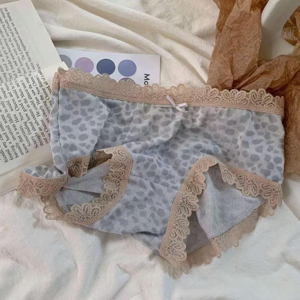 Pure Cotton Women's Leopard Print Lace Bow Mid-Waist Panties - Breathable Triangle Underwear 2025