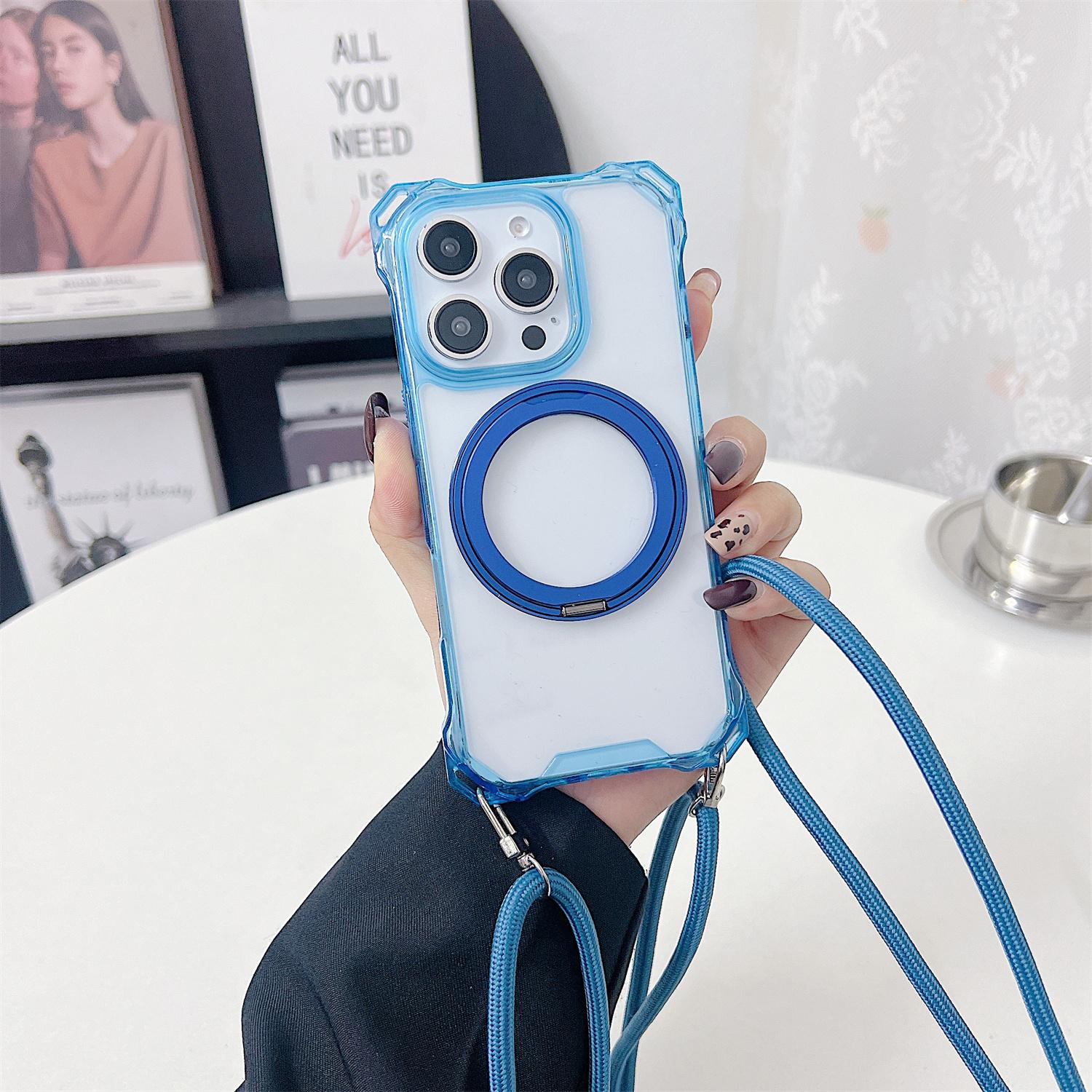 

For iPhone 16 Pro Magnetic Case Ring Kickstand TPU+PC Phone Cover with Lanyard Blue