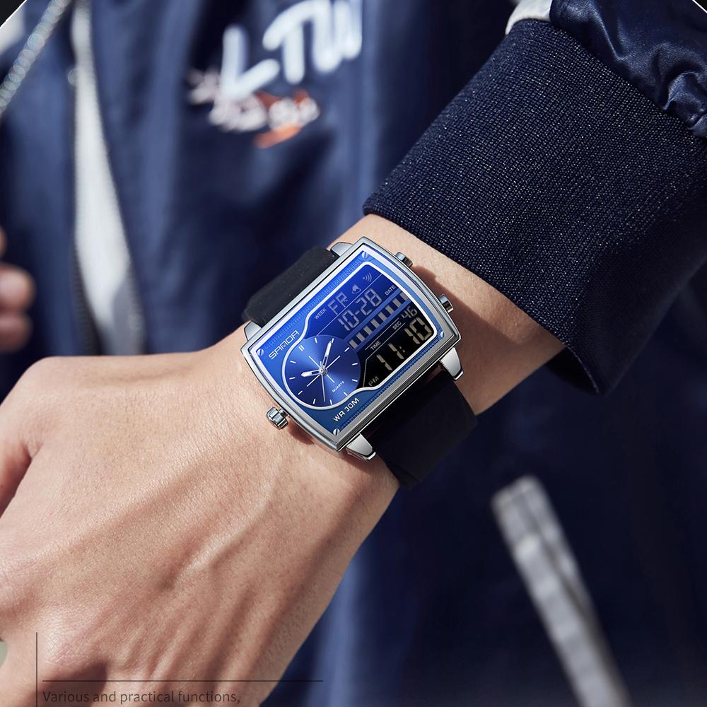 SANDA 6163 Digital Analog Men Watch Square Case Dual Display Steel Leather Silicone Strap Multifunction Sport Business Watch
