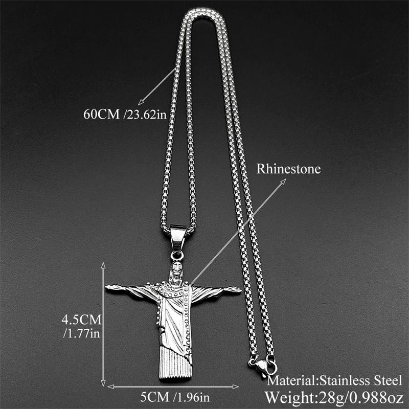 Christian Jesus Statue Rhinestones Pendant Necklace for Women Men Stainless Steel Gold Color Crucifix Chain Amulet Jewelry Gift