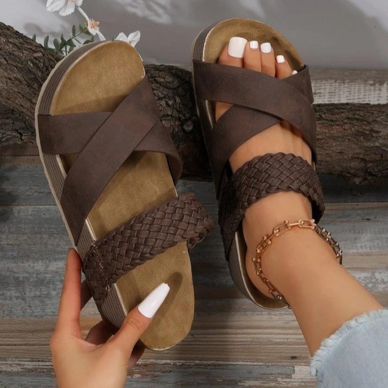 Damenmode Leinen Sommersandalen - Atmungsaktiv, Fußgewölbestützung, Leichtgewicht, Zum Hineinschlüpfen, Riemchen hinten, Offene Zehen
