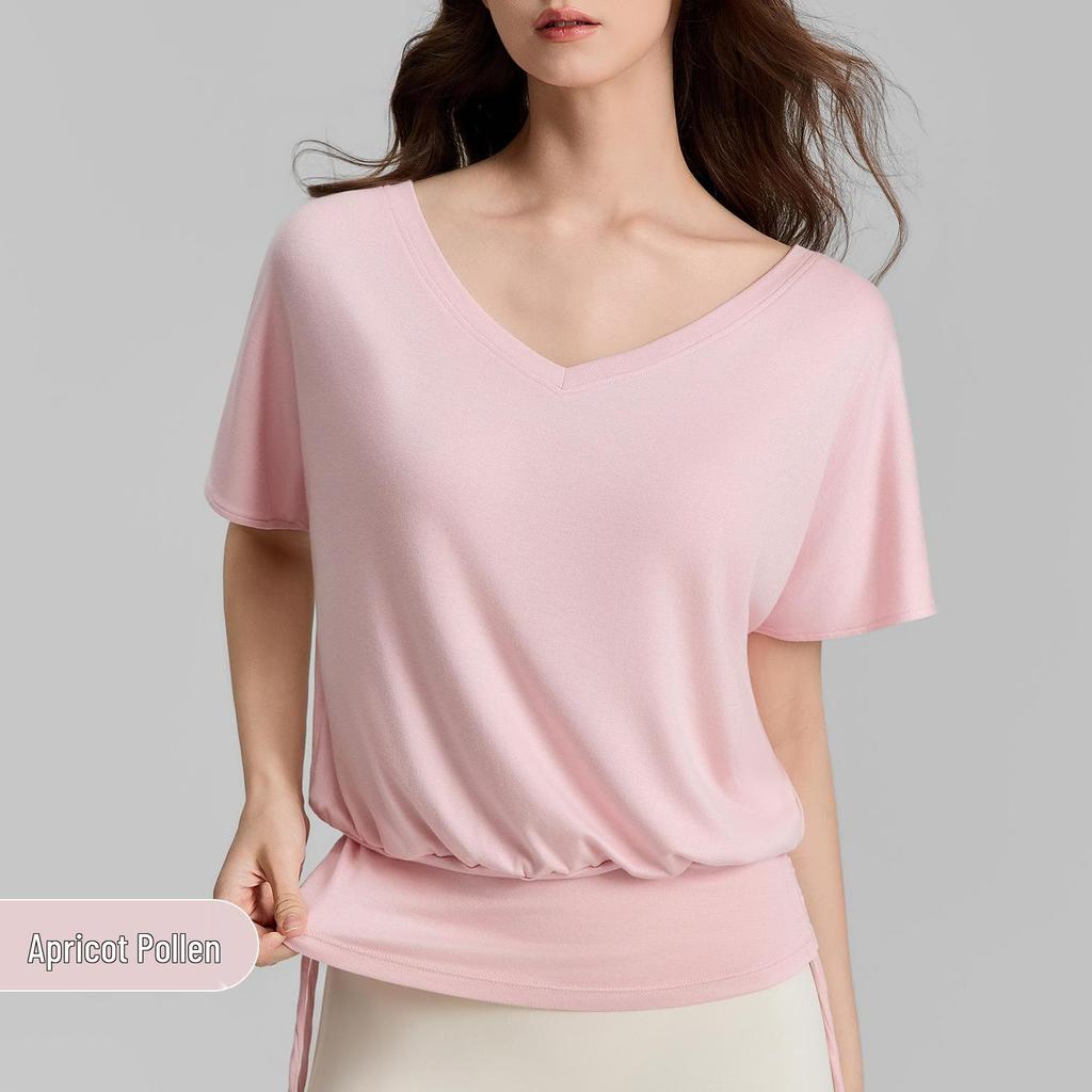 Women's V-neck Batwing Yoga T-shirt: Loose, Short Sleeve, Drawstring, Lazy Style for Spring/Summer 2026.