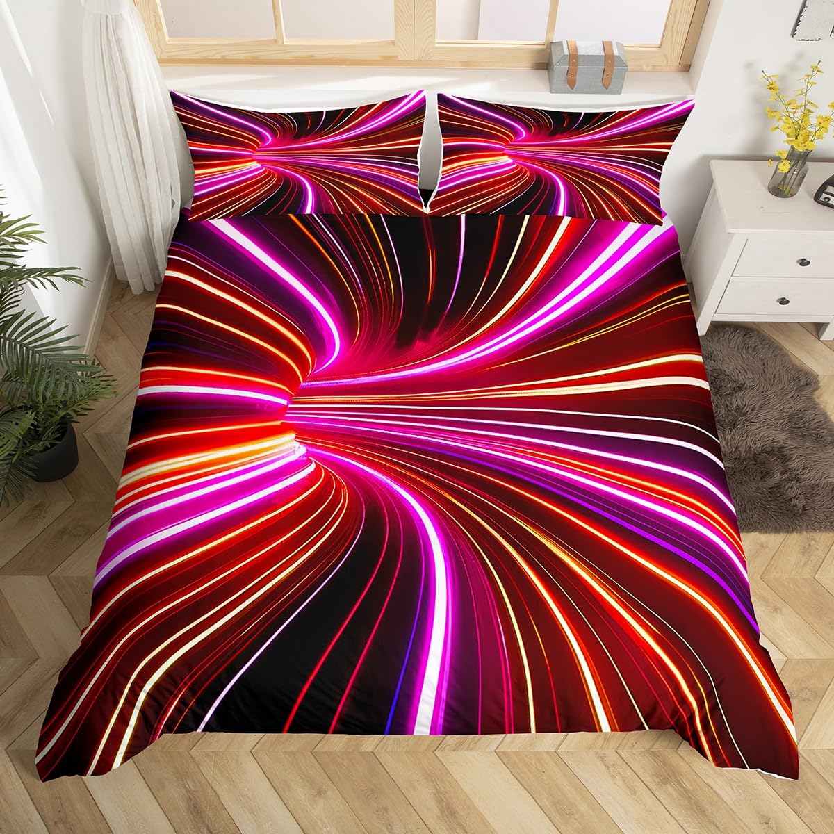 Черный Световой Пододеяльник Омбре Геометрический Комплект Постельного Белья на Кровать Queen, Градиентный Бирюзово-Синий Фиолетовый Современный Полосатый Круглый Вихрь Чехол на Одеяло EU Single(135x200cm)