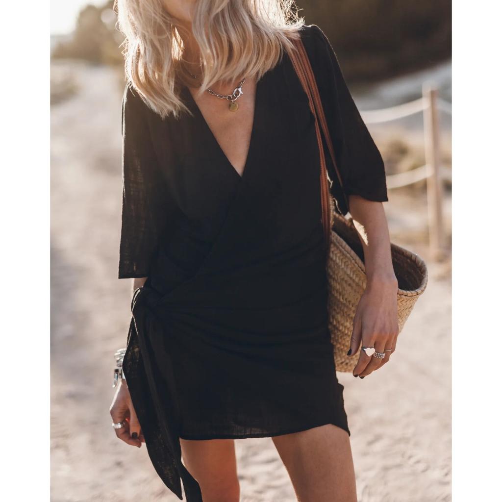 Spring and Summer Casual Cross V-neck Solid-color Short-sleeved Women's Dresses