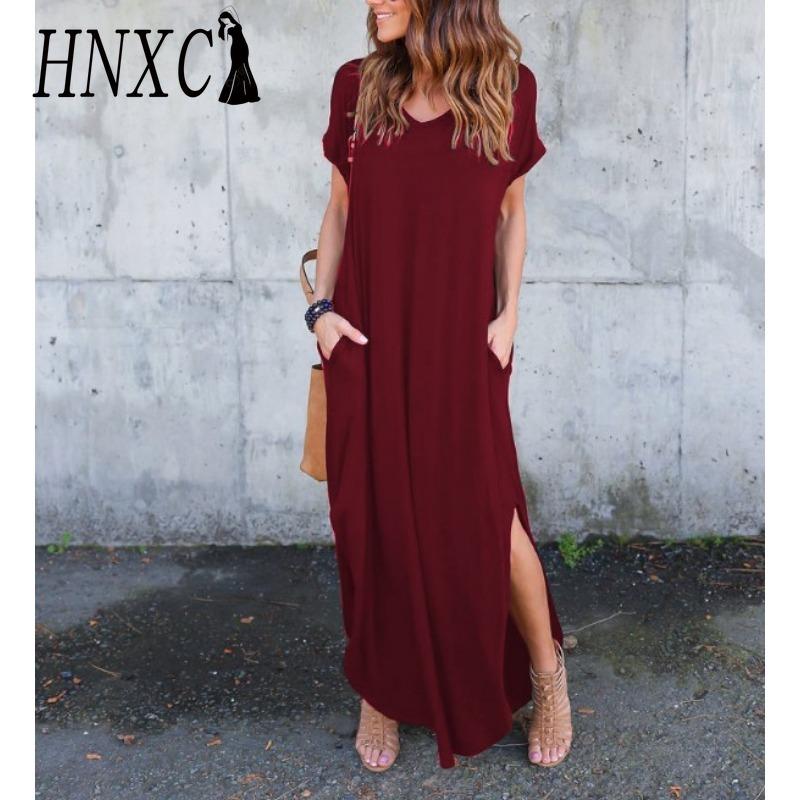HNXC Sexy dámské šaty nadměrné velikosti 5XL letní jednobarevné ležérní maxi šaty s krátkým rukávem pro ženy dlouhé šaty dámské šaty