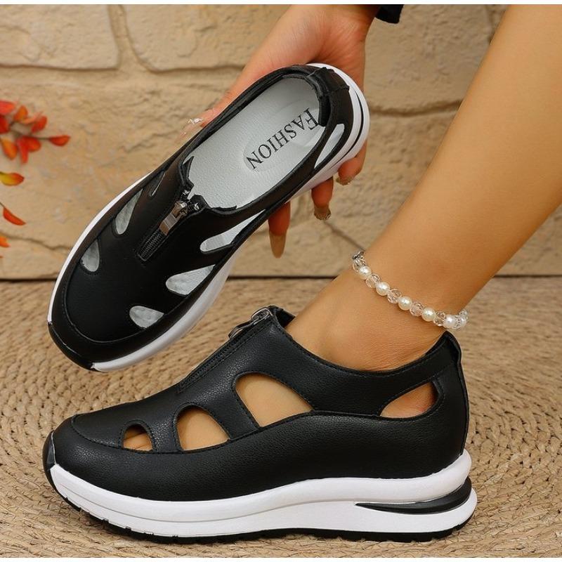 Low Sandals Woman Leather Shoes 2025 Summer Clogs Wedge Breathable Suit Female Beige Large Size Muffins Shoe Low-heeled Fashion