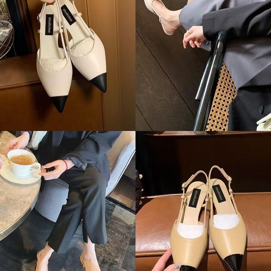 2025 Spring New Xiaoxiangfeng French Pointed Head Rear Empty Bag Head Sandals Kitten Heel Color Matching Single Shoes Women