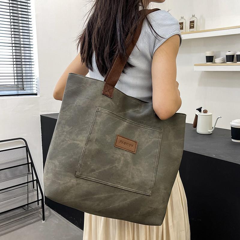 Large Capacity Canvas Tote Bag For Women With Stylish Streetwear Design In Gray Brown And Blue
