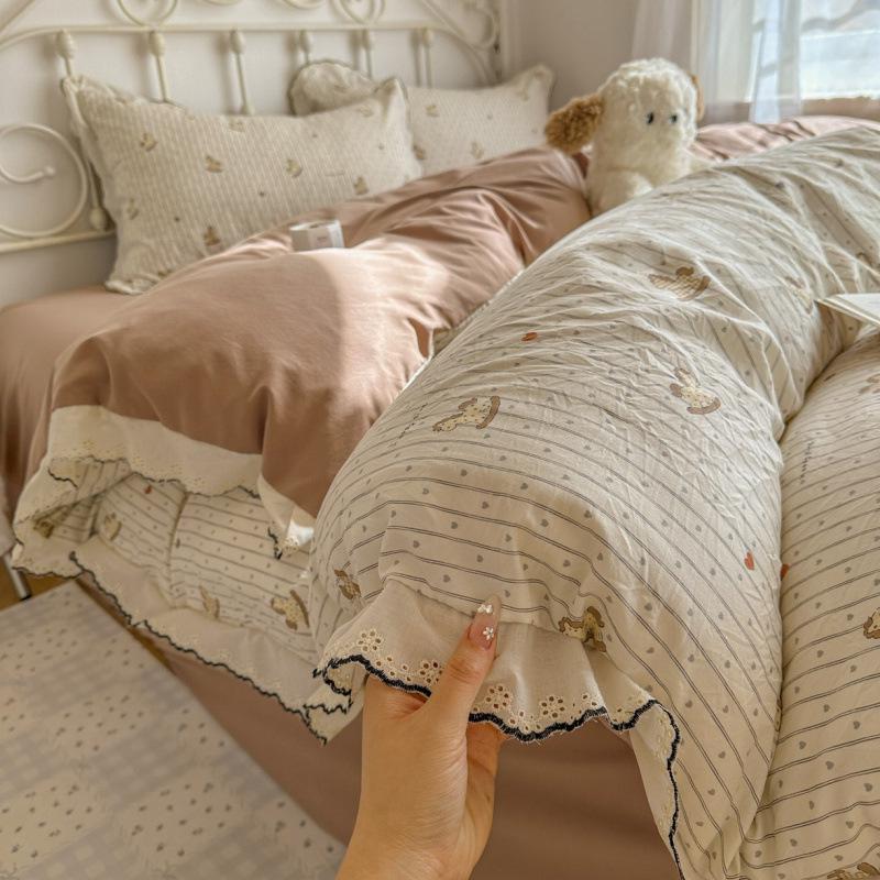 Spring/Summer Washed Cotton Lace 4-Piece Set - Retro French Princess Style for Student Dormitories