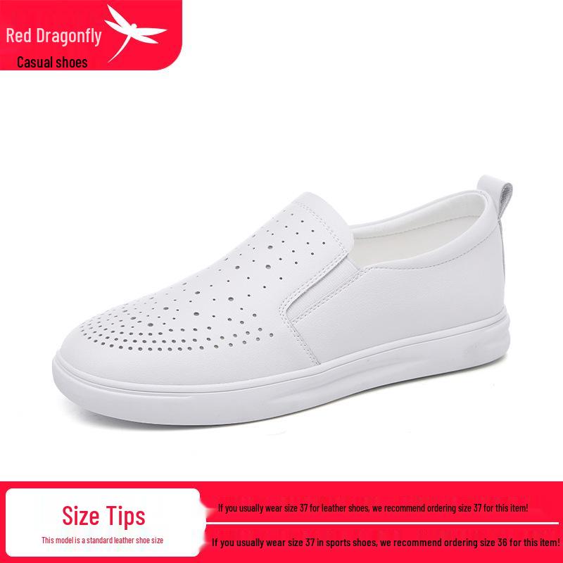 Red Dragonfly Women s White Genuine Leather Slip-on Flats - Breathable, Soft Sole, Hollow Design 40