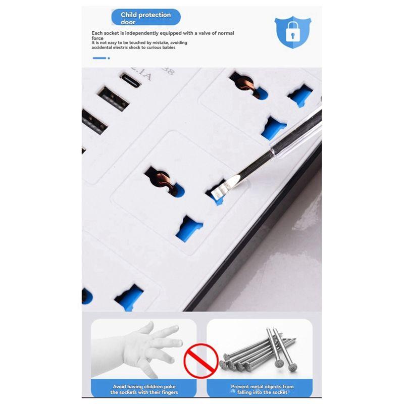 Aug. Universal Power Strip EU Plug 1.8M Extension Cord With USB-C & USB Ports Multi-Outlet Electrical Socket Black