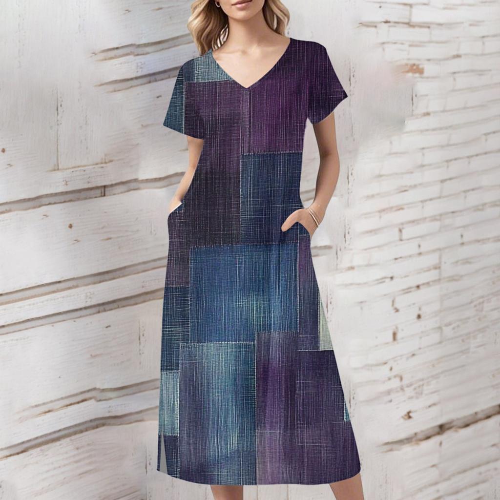 Dámské letní retro šaty s potiskem, s krátkým rukávem, plážové šaty s kapsami, ležérní šaty s výstřihem do V, lem s jedním bočním rozparkem