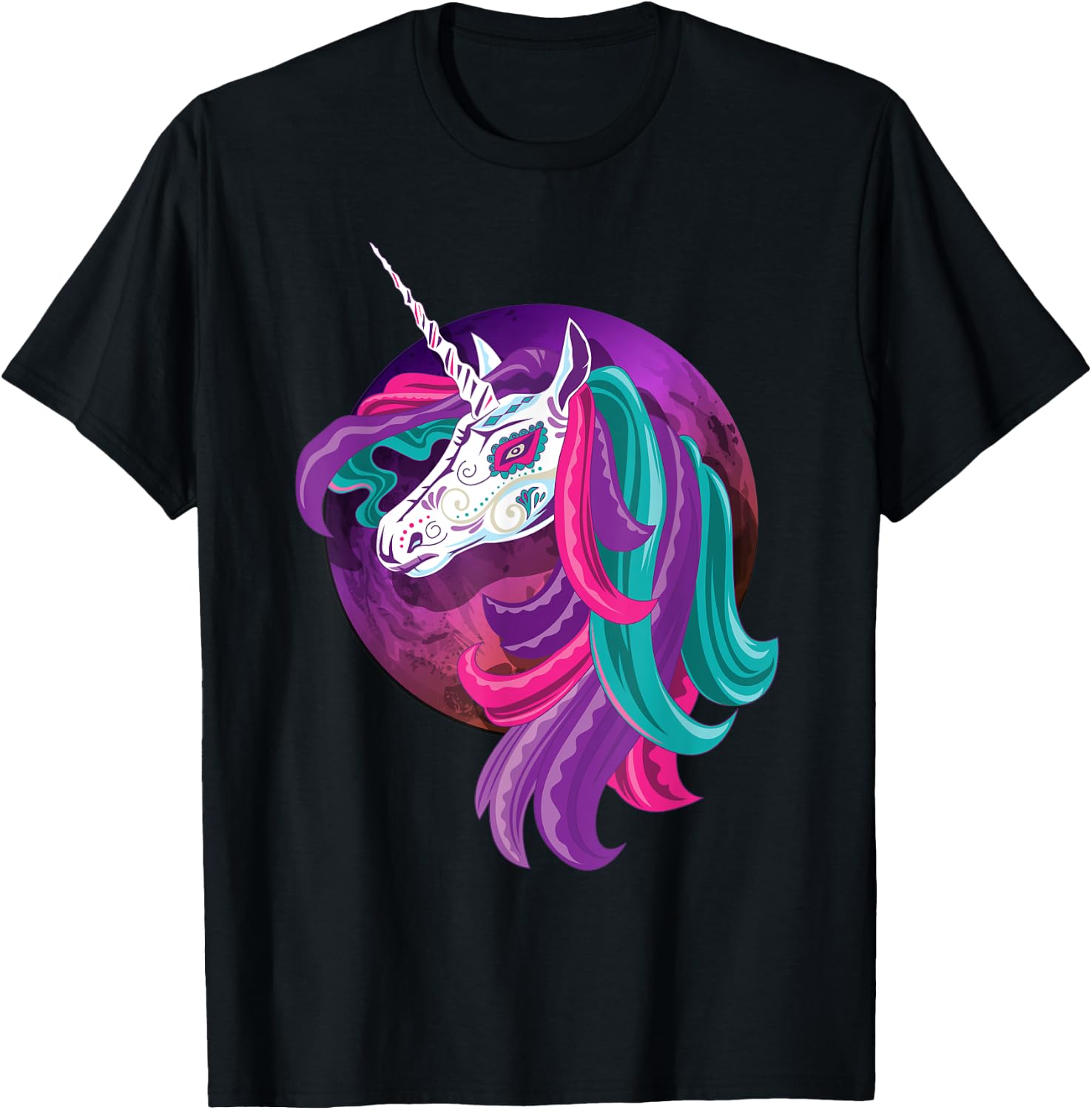 Day of the Dead Unicorn - Cool Purple Moon Sugar Skull T-Shirt XXL