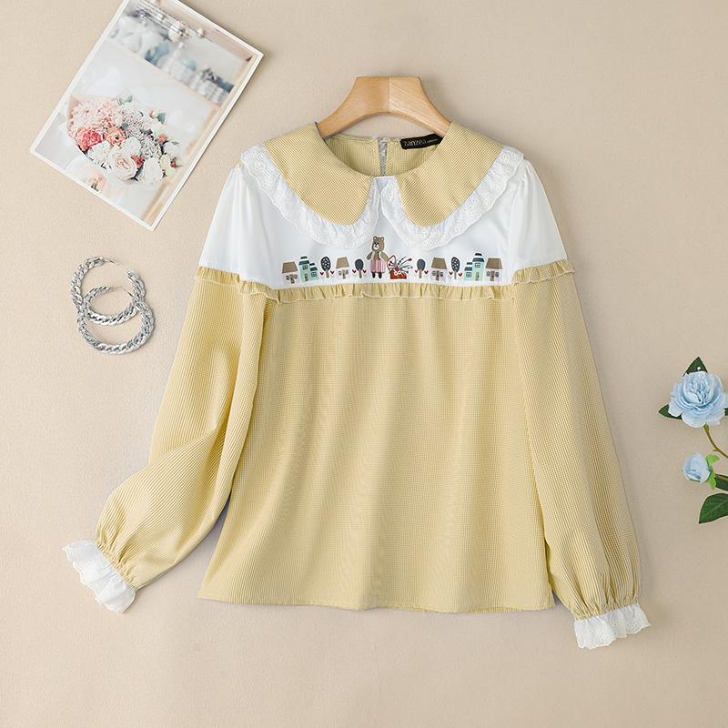 

ZANZEA Женская повседневная блузка с кукольным воротником, длинным рукавом, свободного кроя, в стиле пэчворк 4XL хаки