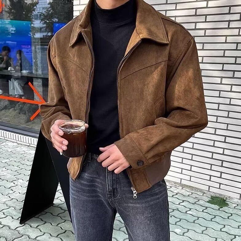 Men's Retro Suede Lapel Jacket - Stylish Autumn/Winter Zipper Coat