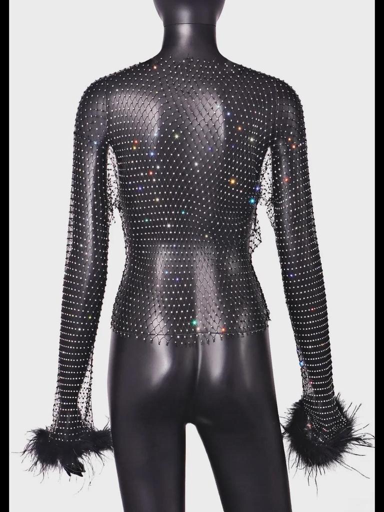 Women's Diamond Mesh Fishnet Long-Sleeve T-Shirt - Y8052