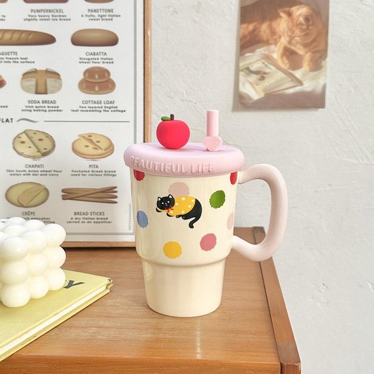 Apple Mug with Lid with Straw Cup Ceramic High Looking Girl's Heart Cup for Birthday Gift