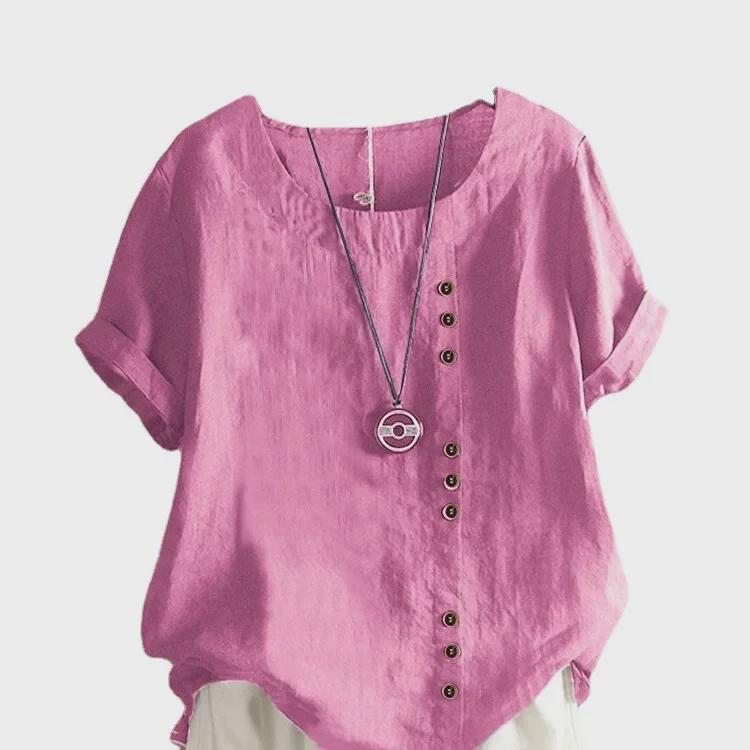 2025 Sommer Tegneserieprint Bomull og Lin Løs Casual Rund Hals Kort Ermet Skjorte