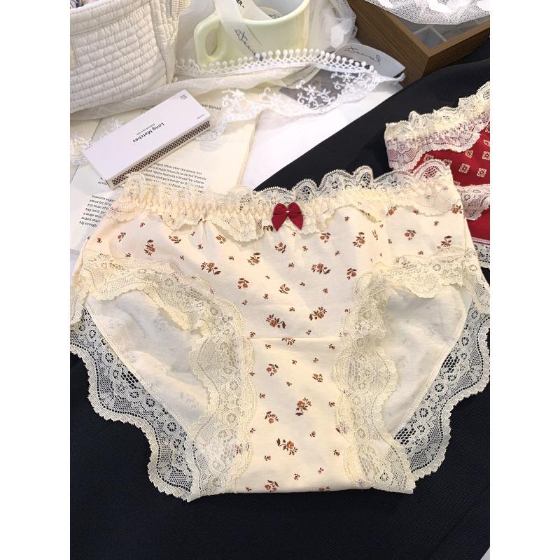 Ladies Spring and Autumn New Year Red Sweet Floral Extended Crotch Low Waist Triangle Briefs XL