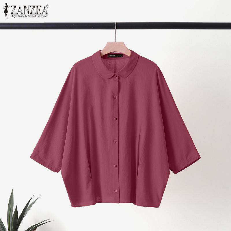 ZANZEA Women Summer Doll Collar Loose Casual 3/4 Sleeve Blouse